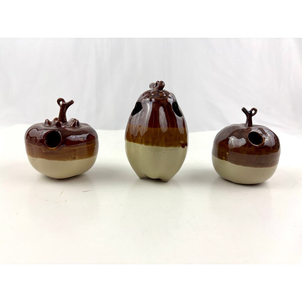 VTG  3 pc Pottery‎ Brown Drip Glaze Kitchen Utensil Holder Taiwan 1970's